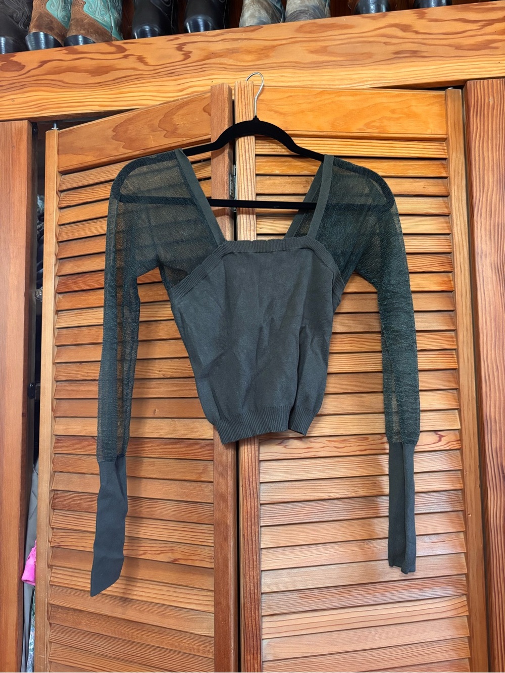 Olive Green Sheer Sleeve Cropped Knit Top
